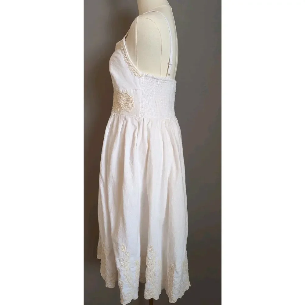 Christian Lacroix White Linen Blend Embroidered Sundress Smocked Boho Medium - Picture 2 of 9